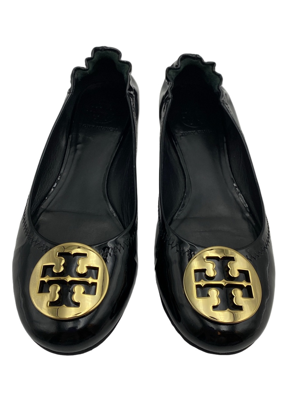 Tory Burch Reva Ballet Flats Black Patent Leather Womens Sz 8M Gold Logo